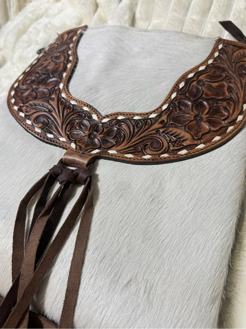 American Darling White Haircalf Crossbody with Brown Hand-Tooled Leather Fringe